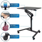 Bureau d'ordinateur portable debout mobile, poste de travail assis-debout roulant réglable en hauteur, 68,6 cm de large, ressort à gaz, noir
