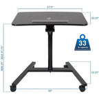 Bureau d'ordinateur portable debout mobile, poste de travail assis-debout roulant réglable en hauteur, 68,6 cm de large, ressort à gaz, noir